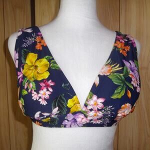 NWT Kona Sol Blue Floral V-Neck Swimwear Built-in Bra Bikini Top L